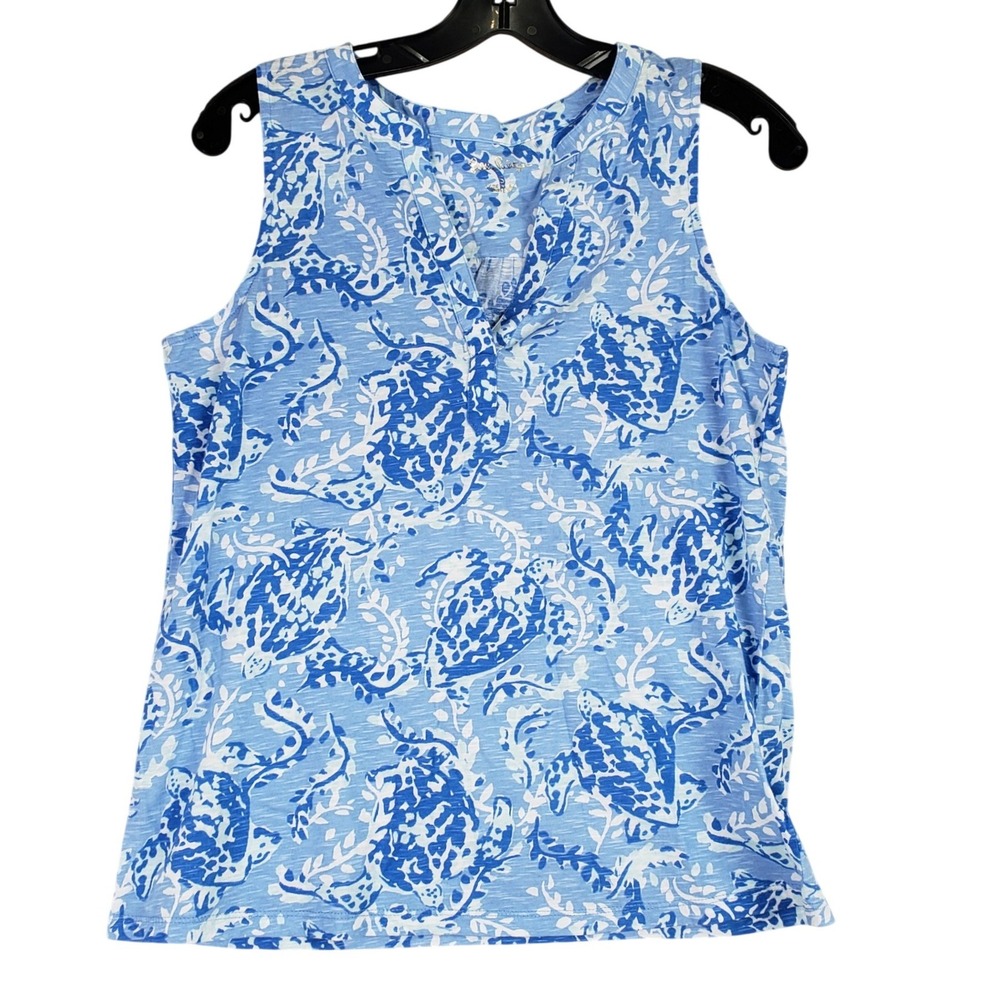 Lilly Pulitzer Etta V-Neck Top Womens Small Blue Turtle‎ Print Slub Tank Coastal